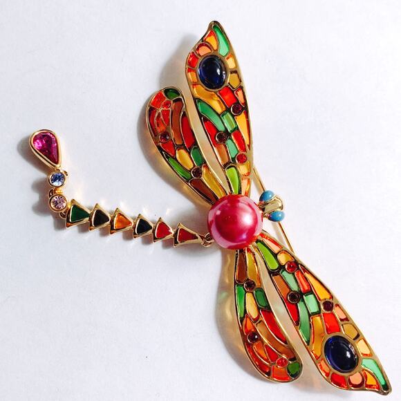 VTG Joan Rivers Signed Dragonfly Brooch Gold Tone Enamel Articulated Colorful - Picture 10 of 12